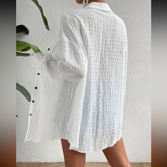 Vibrant Solid Textured Button Front Blouse size Large Drop Shoulder  Cover Up - Picture 4 of 11